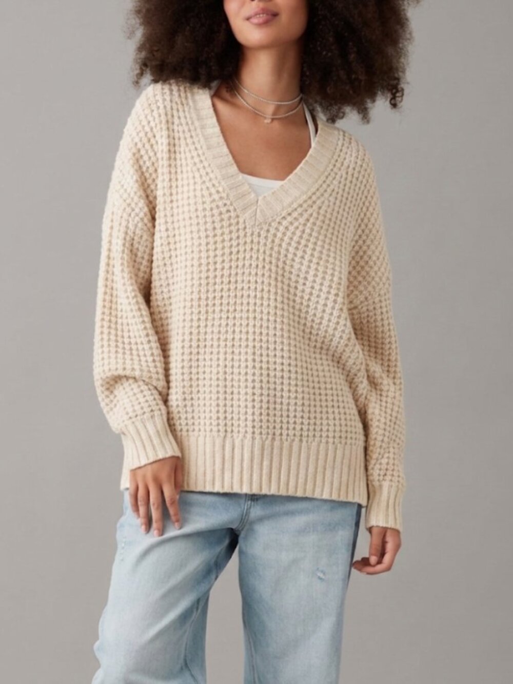 American Eagle‎ So Cozy Waffle V-Neck Sweater Cream Oversized Slouchy Size M
